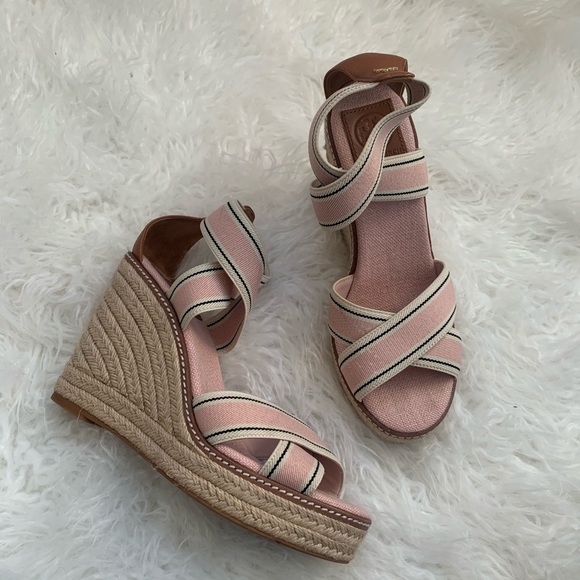 Tory Burch Frieda Pink/Tan Espadrille Wedge Sandal - Picture 6 of 9